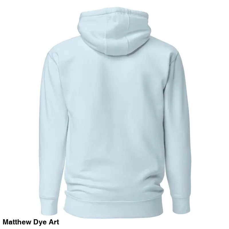 Light blue hooded sweatshirt back view featuring striking black Mjölnir & ravens design