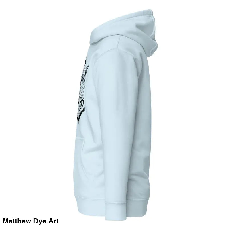 Light blue hoodie featuring striking black Mjölnir & ravens design inspired by Norse mythology