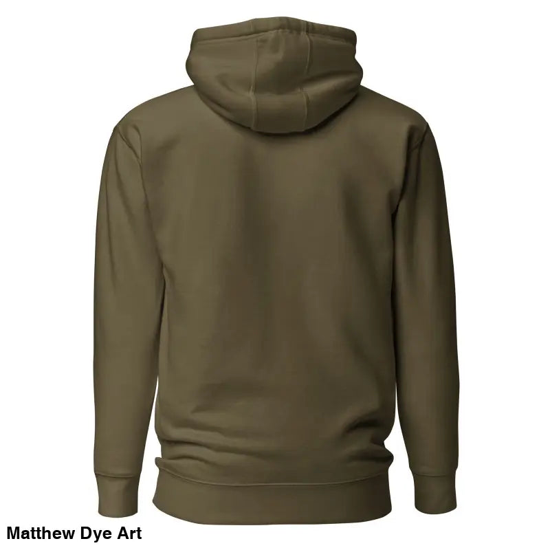 Olive green hooded sweatshirt featuring striking black Mjölnir & ravens design