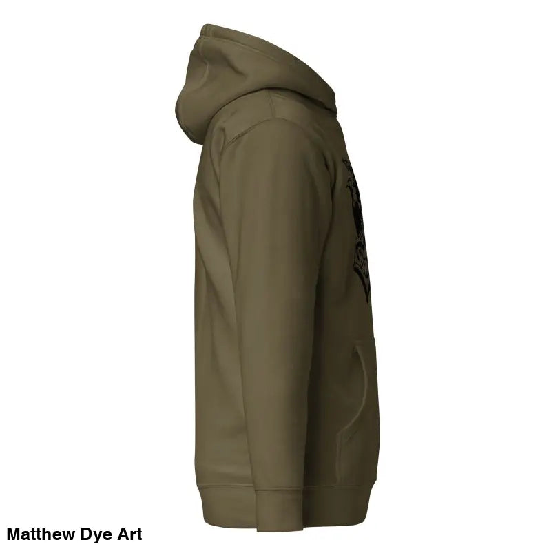 Olive green hooded sweatshirt showcasing striking black Mjölnir & ravens design