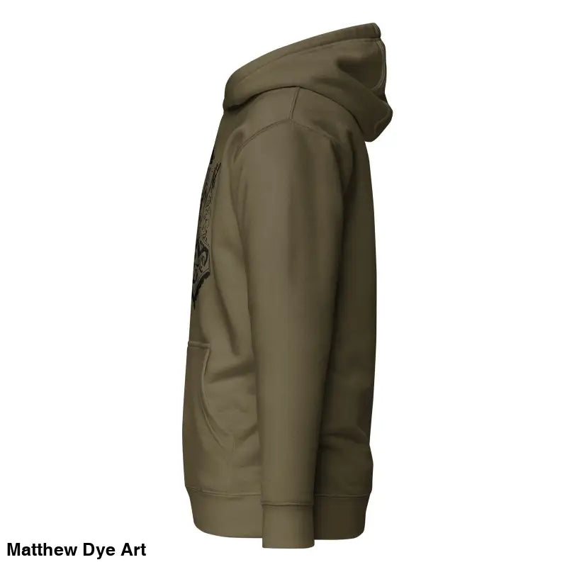 Olive green hooded sweatshirt showcasing striking black Mjölnir & ravens from the side
