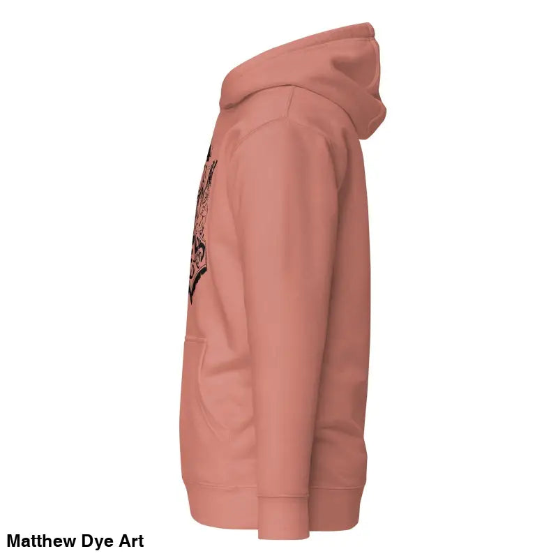 Side view of a pink hooded sweatshirt featuring striking black Mjölnir & ravens design