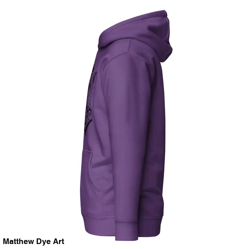 Side view of a purple hooded sweatshirt featuring striking black Mjölnir & ravens design