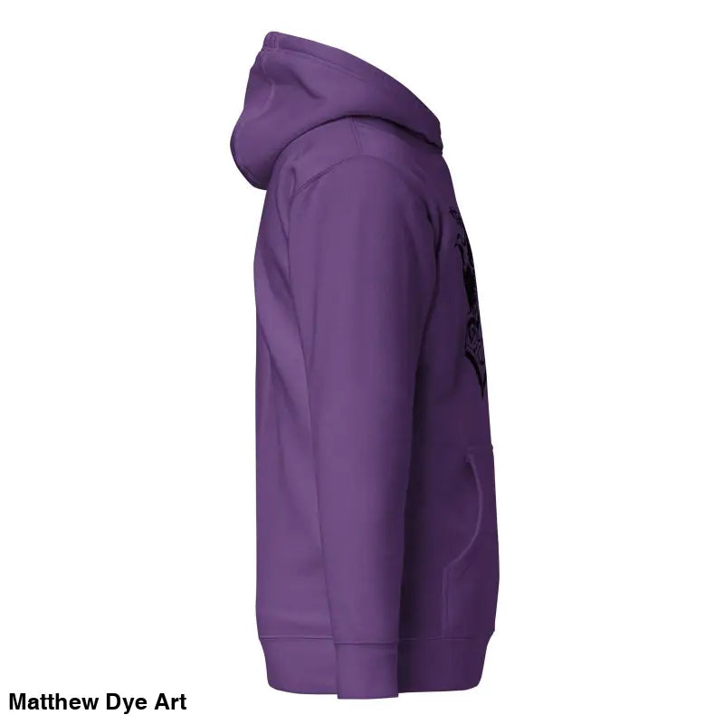 Purple hooded sweatshirt side view featuring striking black Mjölnir & ravens design