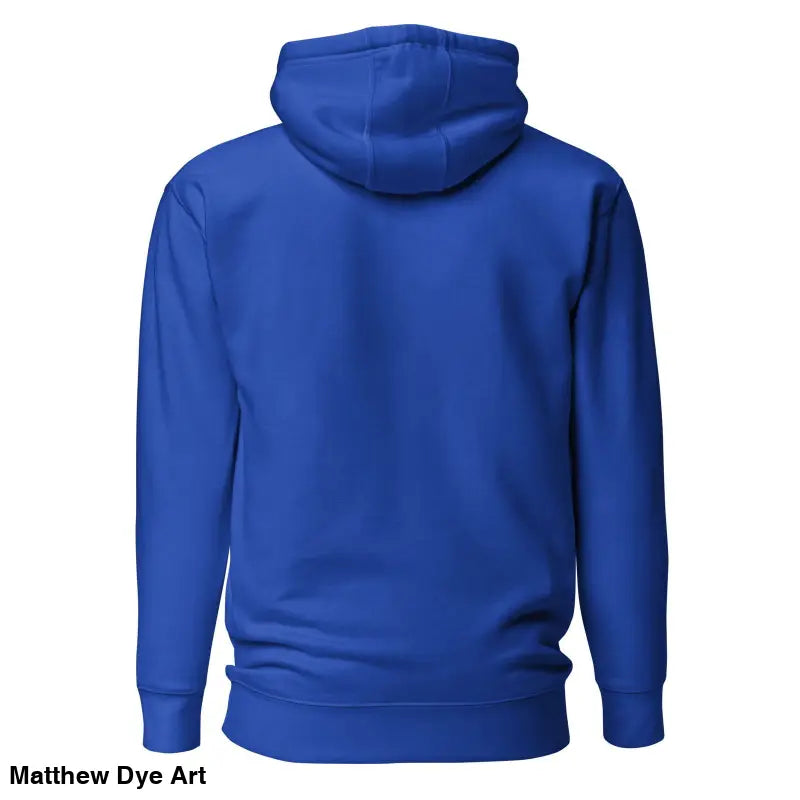 Royal blue pullover hoodie featuring striking black Mjölnir & ravens design, back view