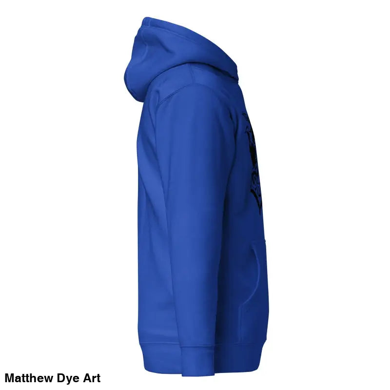 Side view of Royal Blue Hooded Sweatshirt featuring Striking Black Mjölnir & Ravens design
