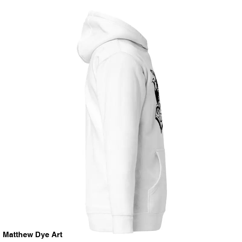 White hooded sweatshirt featuring striking black Mjölnir & Ravens graphic design on sleeve