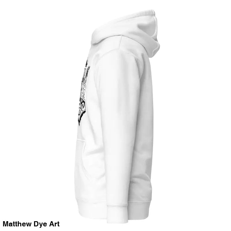 White hoodie featuring striking black Mjölnir & Ravens graphic design in Norse mythology