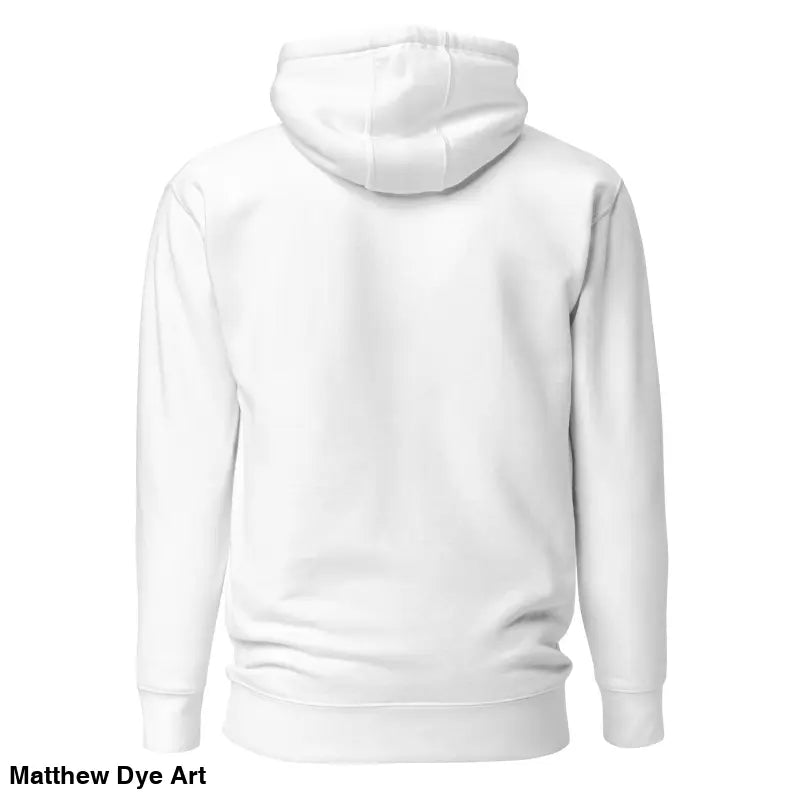 White hooded sweatshirt back view featuring Striking Black Mjölnir & Ravens design