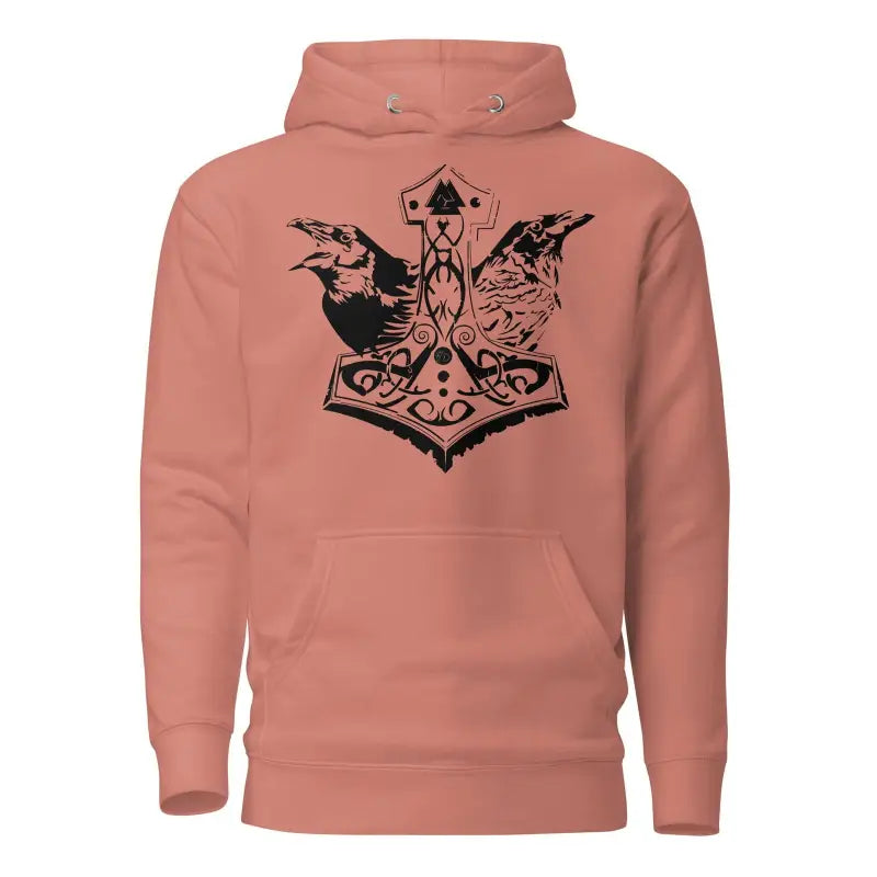 Salmon-colored hoodie featuring striking black Mjölnir & ravens design from Norse mythology
