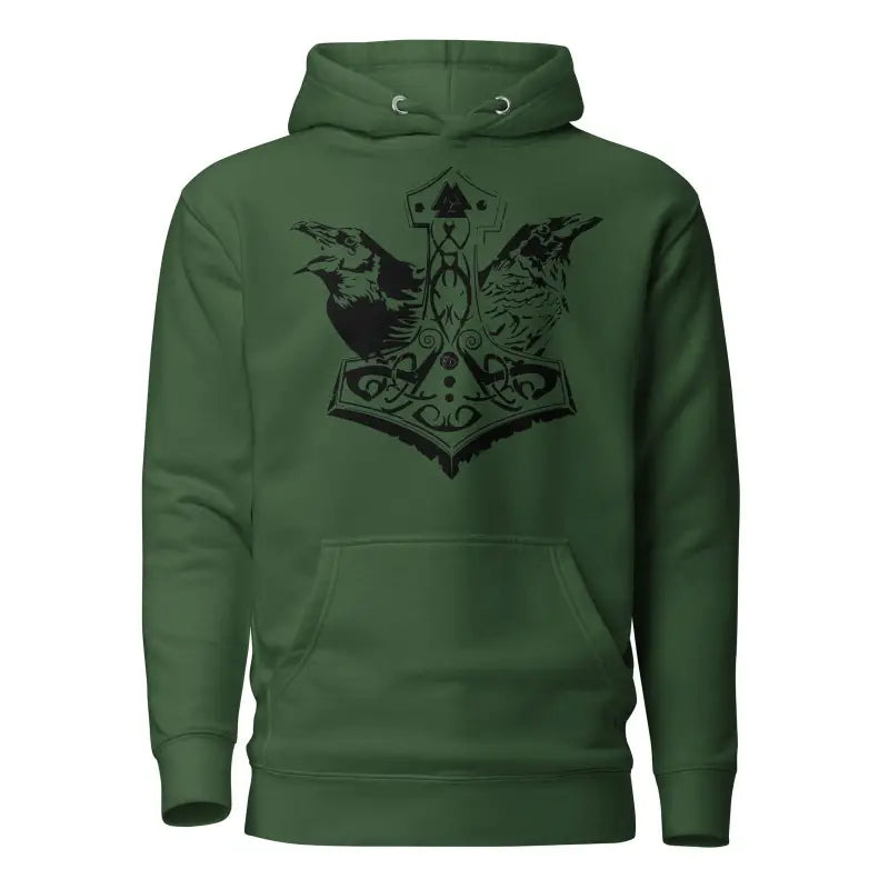 Green hoodie featuring a striking black Mjölnir and Norse mythology ravens design