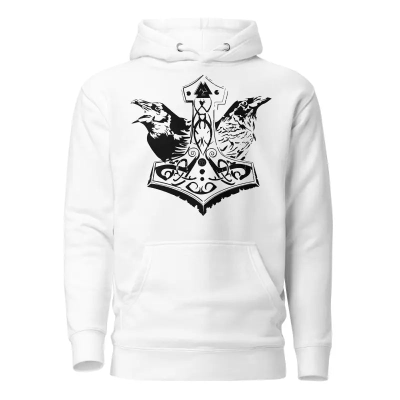 White hoodie featuring a striking black Mjölnir and Norse mythology ravens design