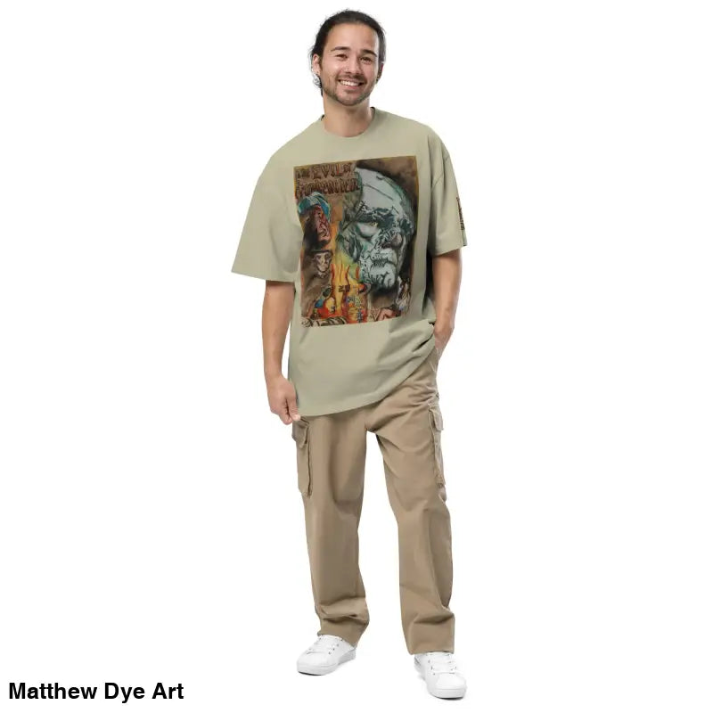 Man in oversized faded t-shirt and cargo pants inspired by Evil of Frankenstein classic horror film