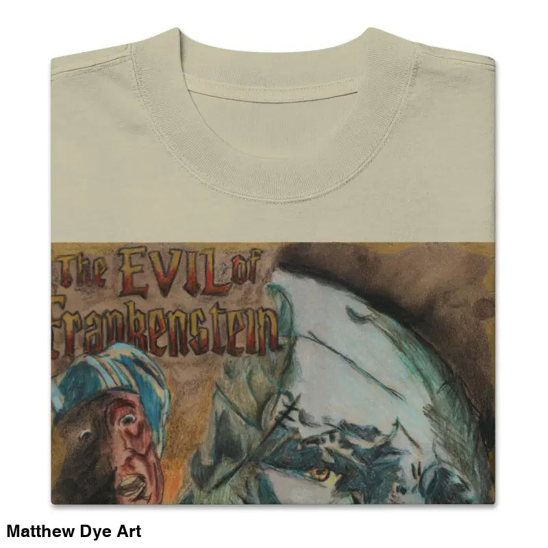 Beige oversized faded t-shirt featuring The Evil of Frankenstein graphic for classic horror fans
