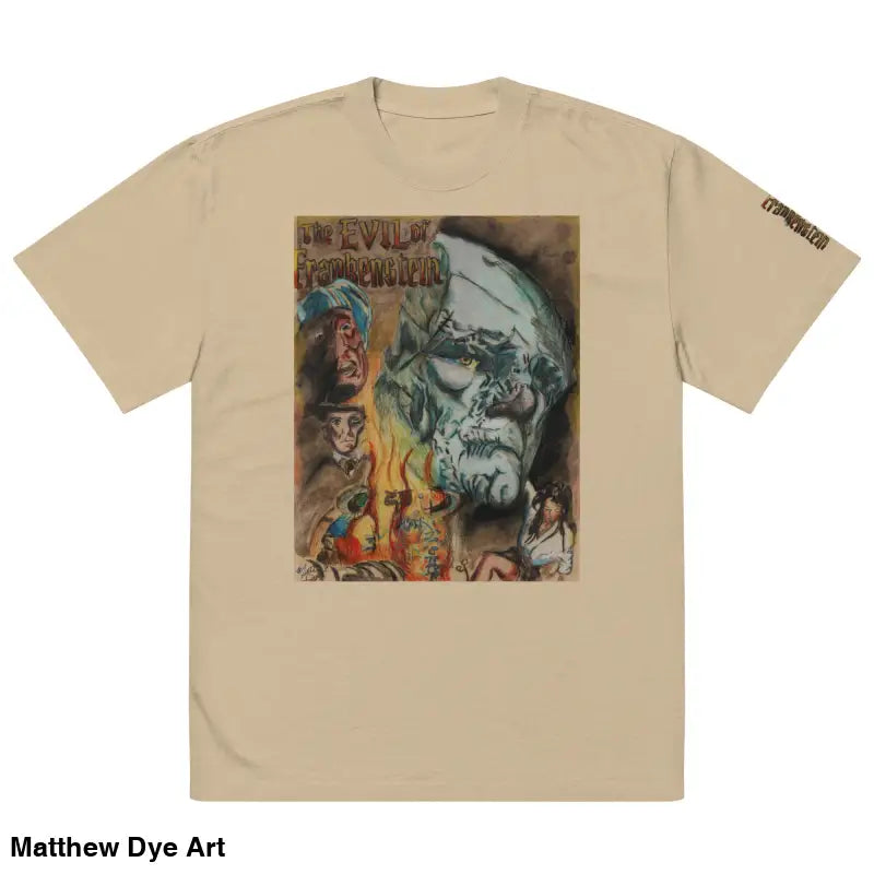 Beige oversized faded t-shirt featuring The Evil of Frankenstein graphic for classic horror fans