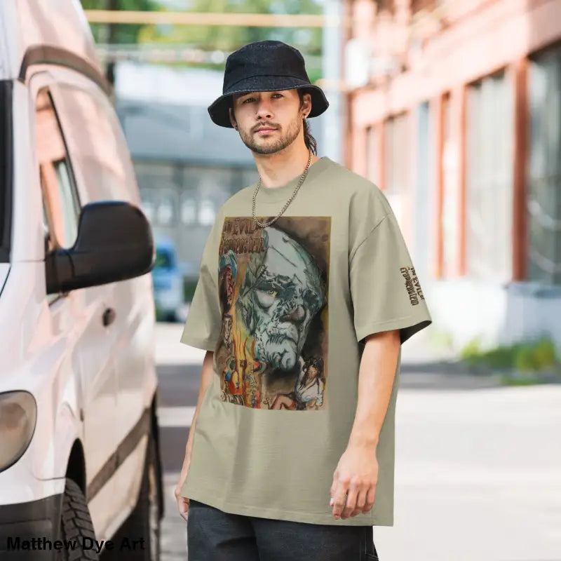 Graphic print t-shirt featuring Monster Reborn design inspired by Evil of Frankenstein