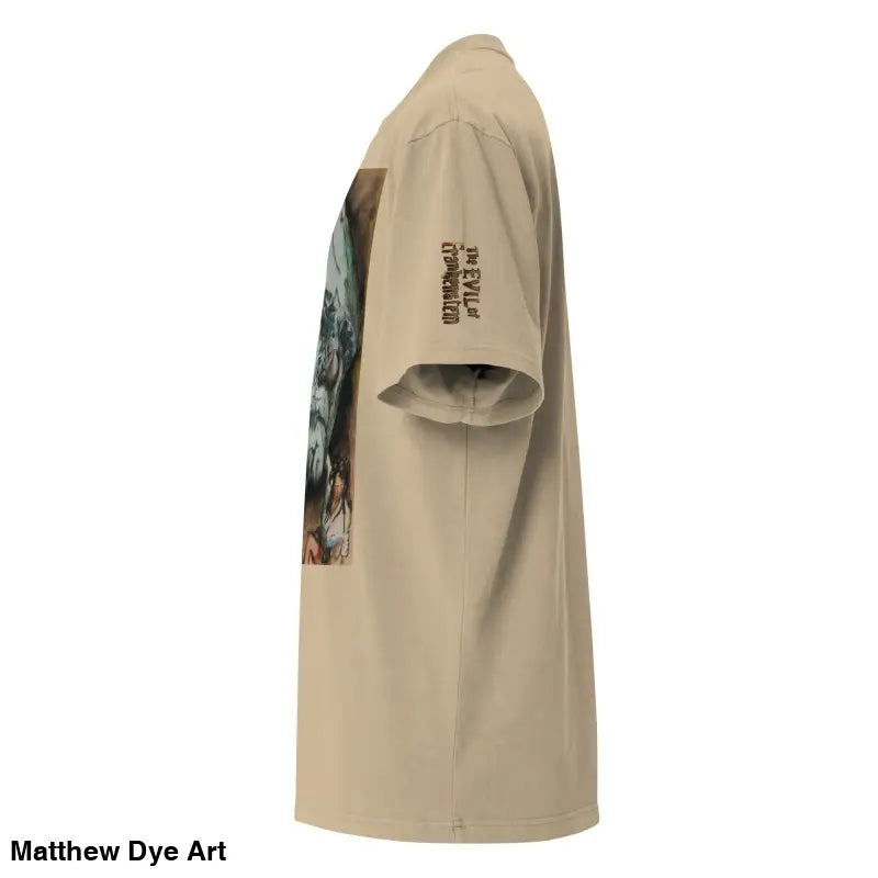 Beige oversized faded t-shirt featuring Monster Reborn and Evil of Frankenstein design