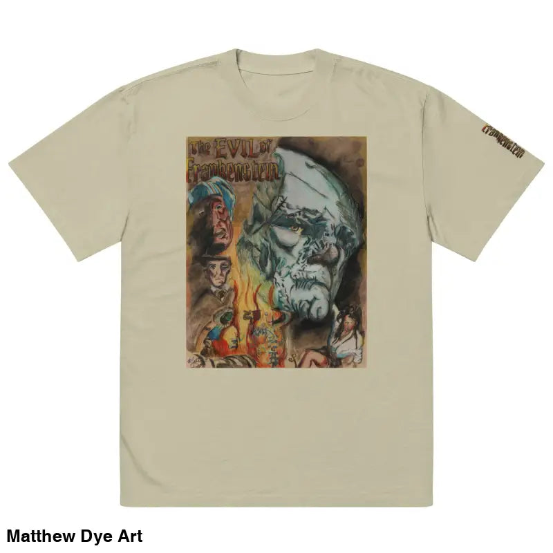 Beige oversized faded t-shirt featuring Evil of Frankenstein graphic from classic horror film