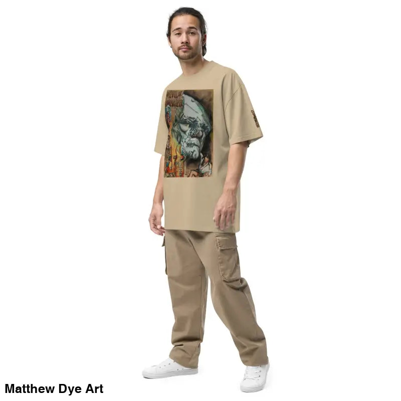 Man in beige oversized faded t-shirt and cargo pants inspired by Classic Horror Film, Evil of Frankenstein
