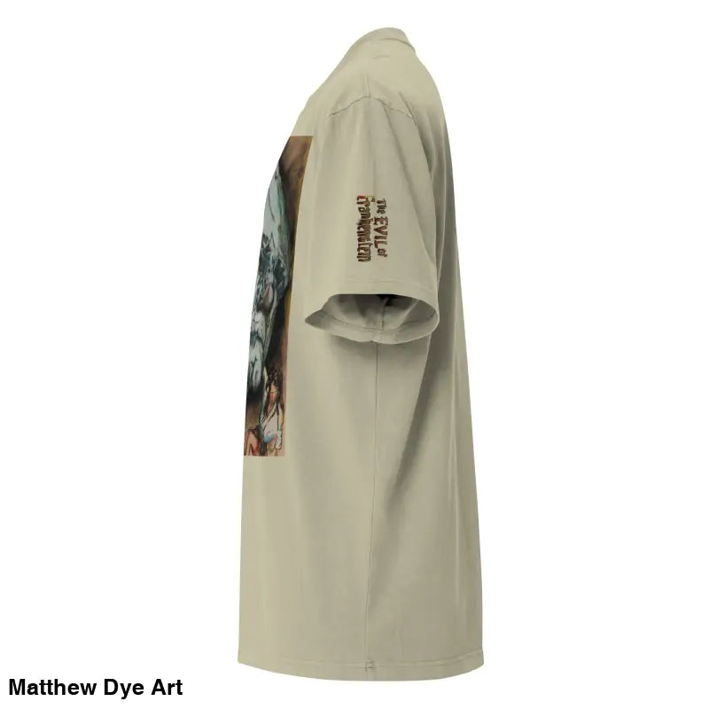 Beige oversized faded t-shirt featuring Evil of Frankenstein graphic print inspired by classic horror film