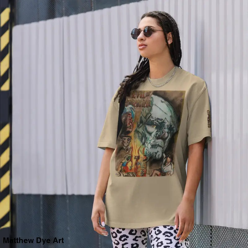 Beige oversized faded t-shirt featuring Monster Reborn Evil of Frankenstein design