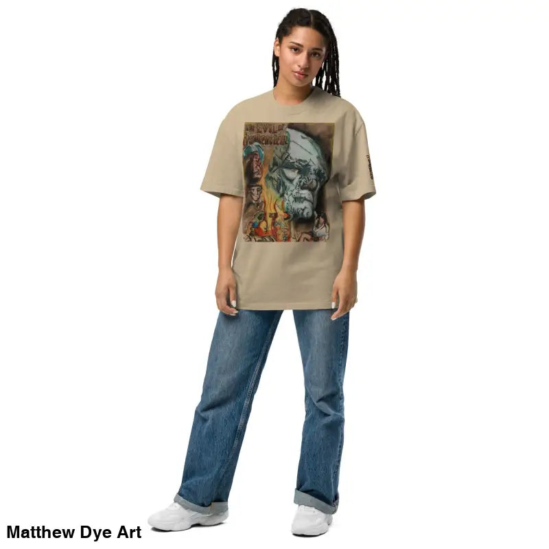 Beige oversized faded t-shirt featuring Monster Reborn Evil of Frankenstein design