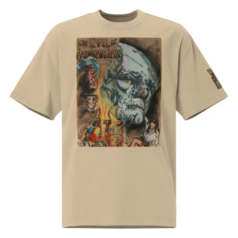 Beige oversized faded t-shirt featuring Evil of Frankenstein graphic print design