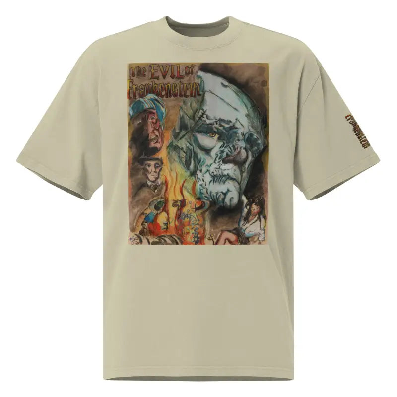 Beige oversized faded t-shirt featuring Evil of Frankenstein movie poster graphic