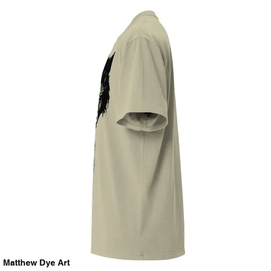 Beige short-sleeved oversized faded t-shirt displayed from a side view