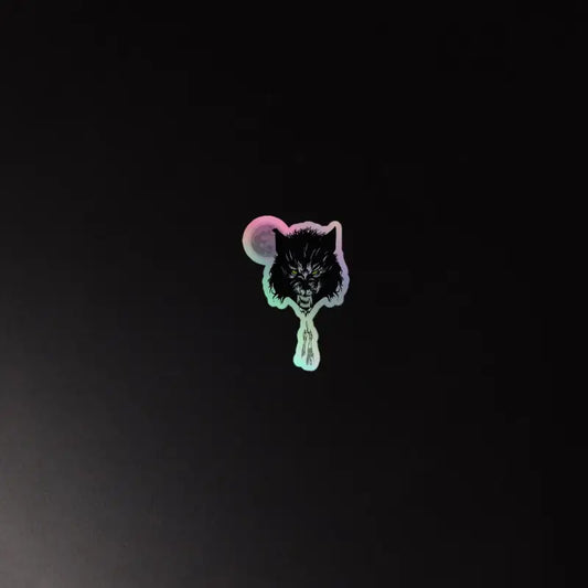 Holographic sticker of Moonlit Menace Werewolf with fierce wolf head and neon-green eyes