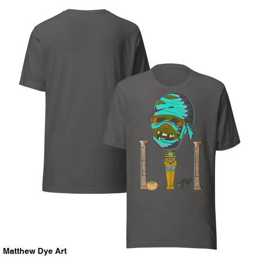 Gray mummy unisex t-shirt featuring cartoon graphic for Halloween festivities