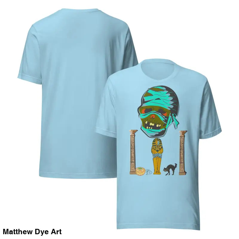 Light blue mummy unisex t-shirt featuring a cartoon design for Halloween