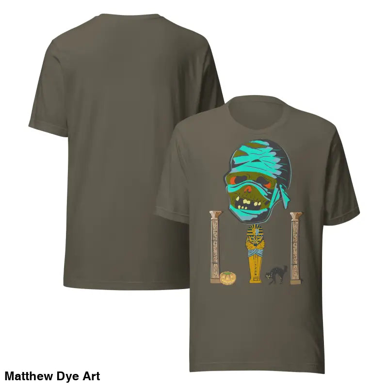 Olive green mummy unisex t-shirt featuring a cartoon graphic for Halloween