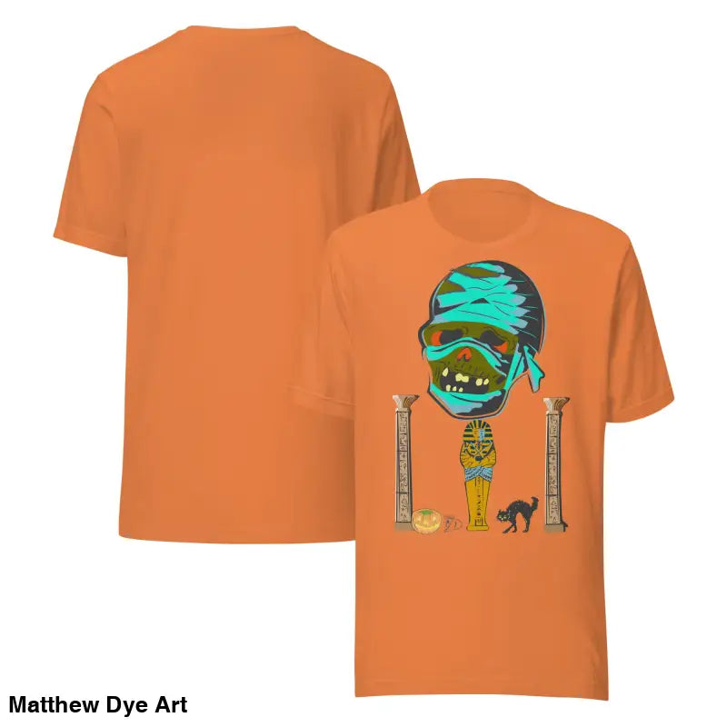 Orange mummy unisex t-shirt featuring cartoon graphic for Halloween festivities