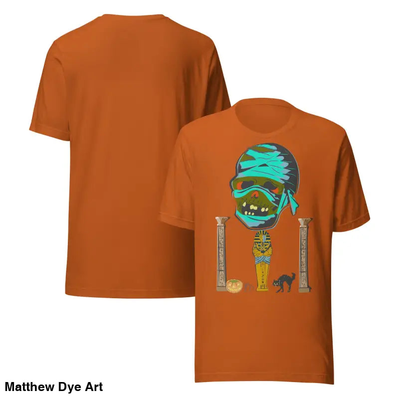 Orange mummy unisex t-shirt featuring a cartoon graphic for Halloween celebrations