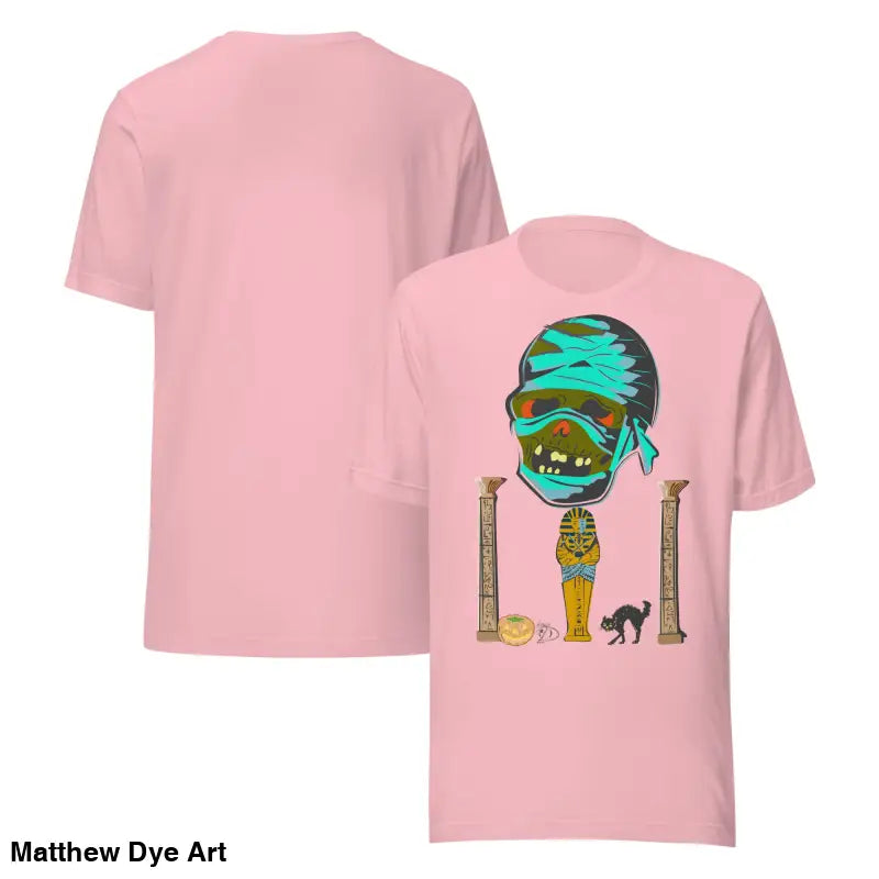 Pink mummy unisex t-shirt featuring cartoon graphic for Halloween celebration