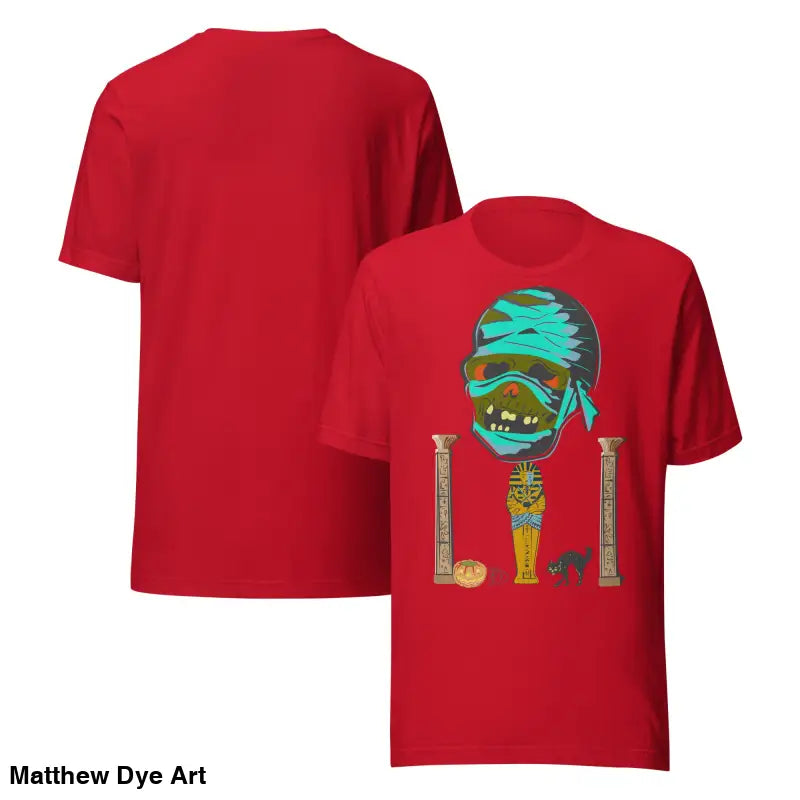 Red mummy unisex t-shirt featuring a fun cartoon graphic for Halloween festivities