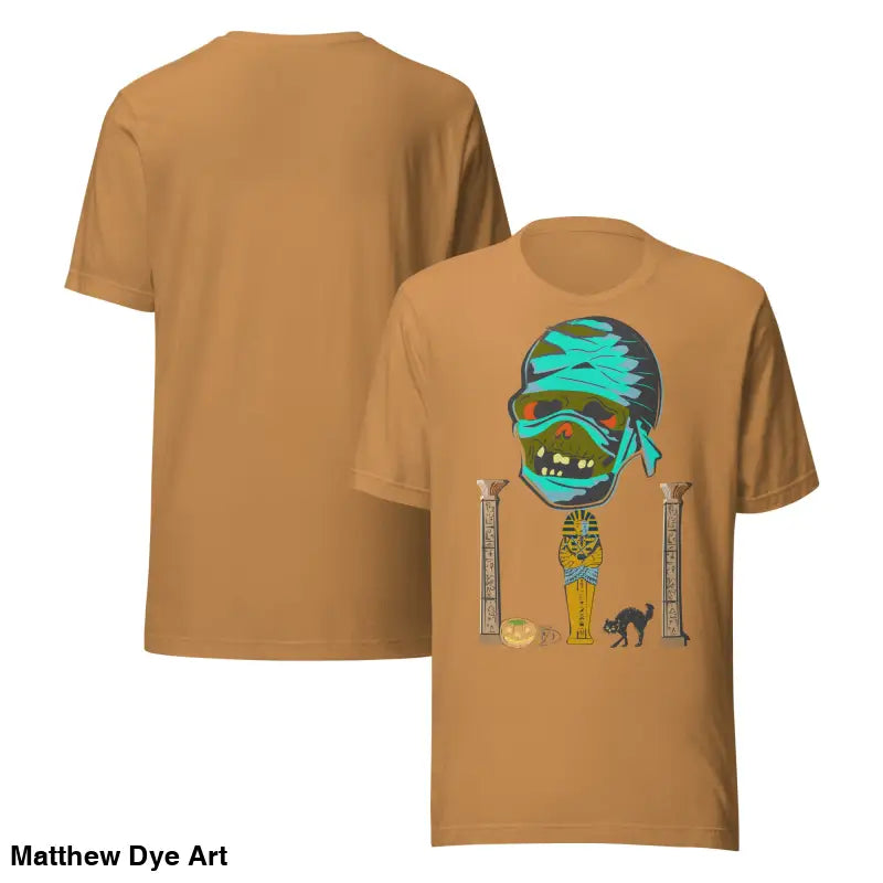 Tan mummy unisex t-shirt featuring a cartoon graphic for Halloween celebrations