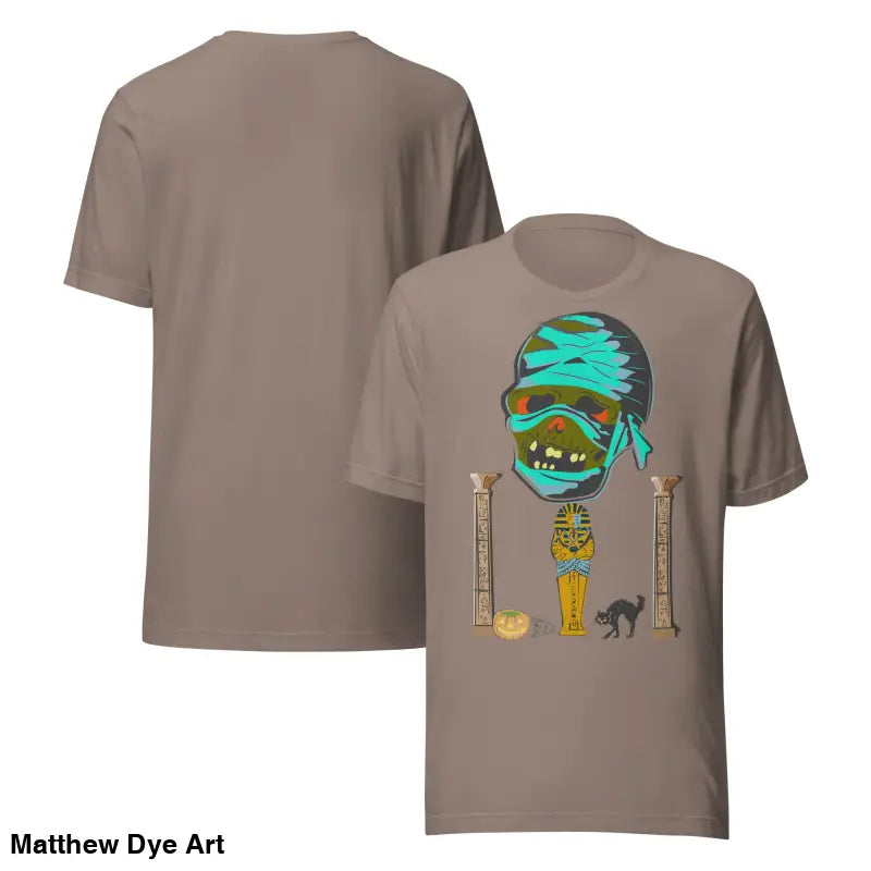 Taupe Mummy Unisex T-Shirt featuring a cartoon graphic for Halloween celebrations