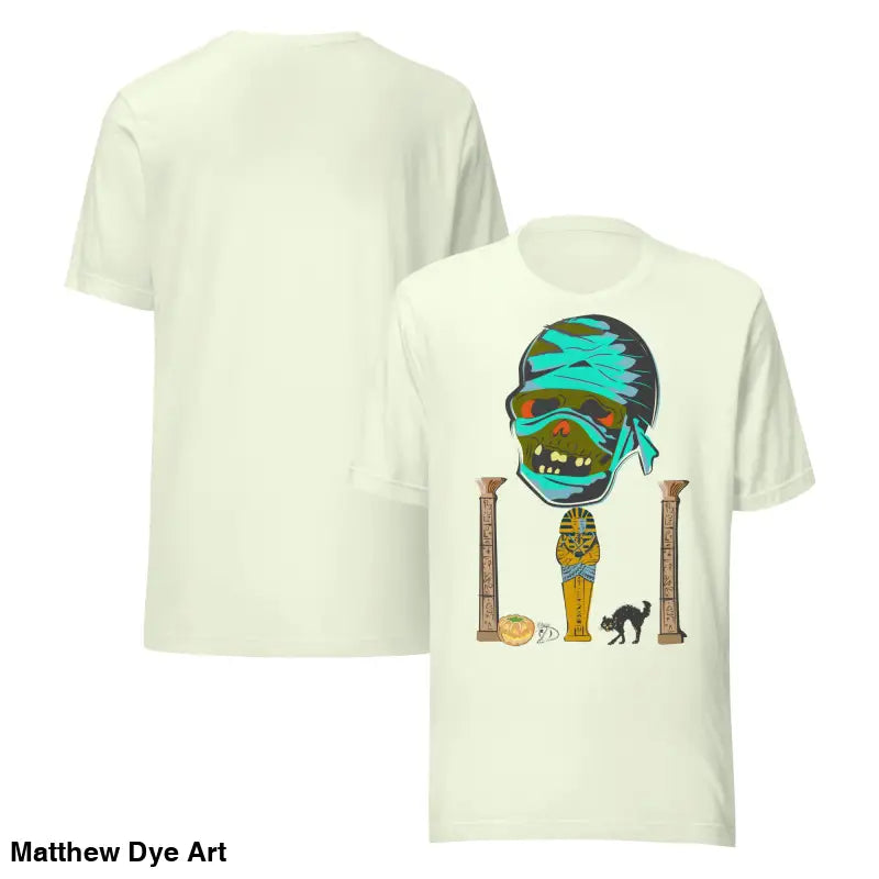 Two cream-colored Mummy Unisex T-shirts from the Mummified Mayhem Vintage Halloween collection
