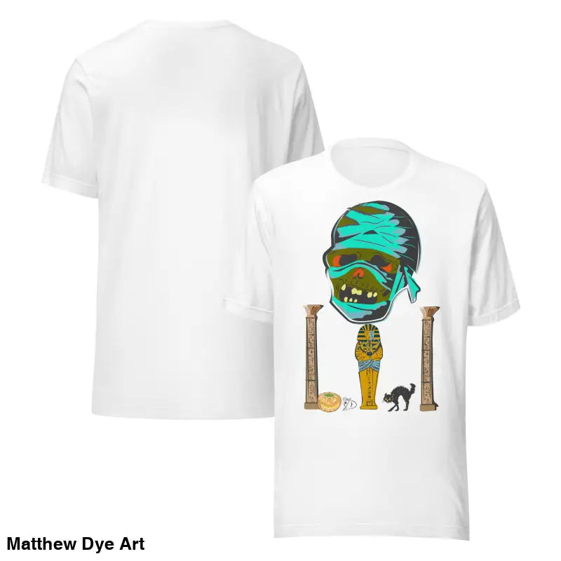 White Mummy Unisex T-Shirt featuring a cartoon graphic for Halloween festivities