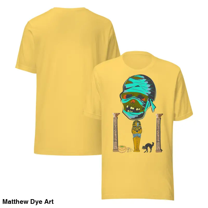 Yellow Mummy Unisex T-shirt with Cartoon Graphic for Halloween Celebrations