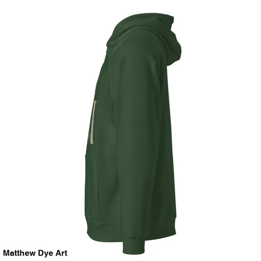 Green hooded sweatshirt from Mummy Art Hoodie, featuring Matthew Dye art for stylish wear