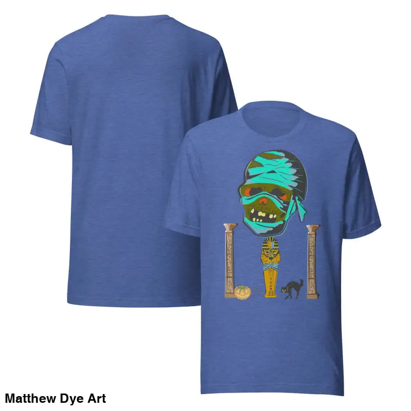 Blue T-shirt featuring Mummy graphic from Matthew Dye Art’s Cute Halloween Collection
