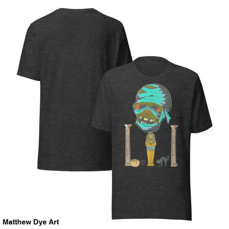 Dark gray t-shirt featuring mummy graphic from Matthew Dye Art’s cute Halloween collection