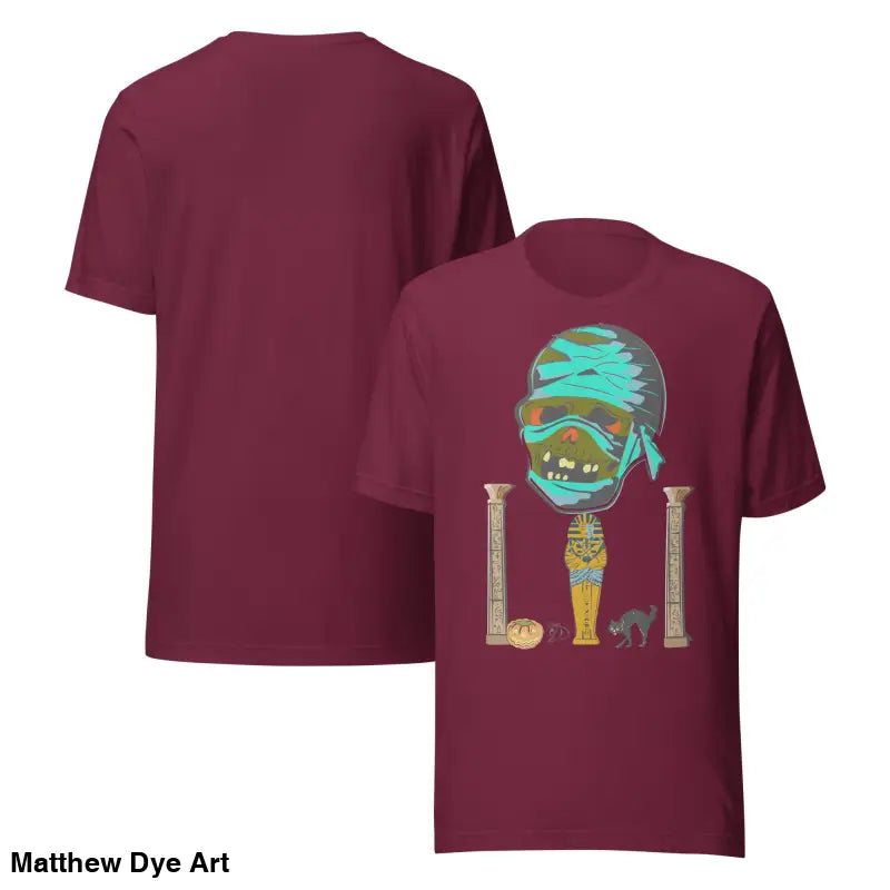 Maroon Mummy Unisex T-Shirt featuring Matthew Dye art from the cute Halloween collection