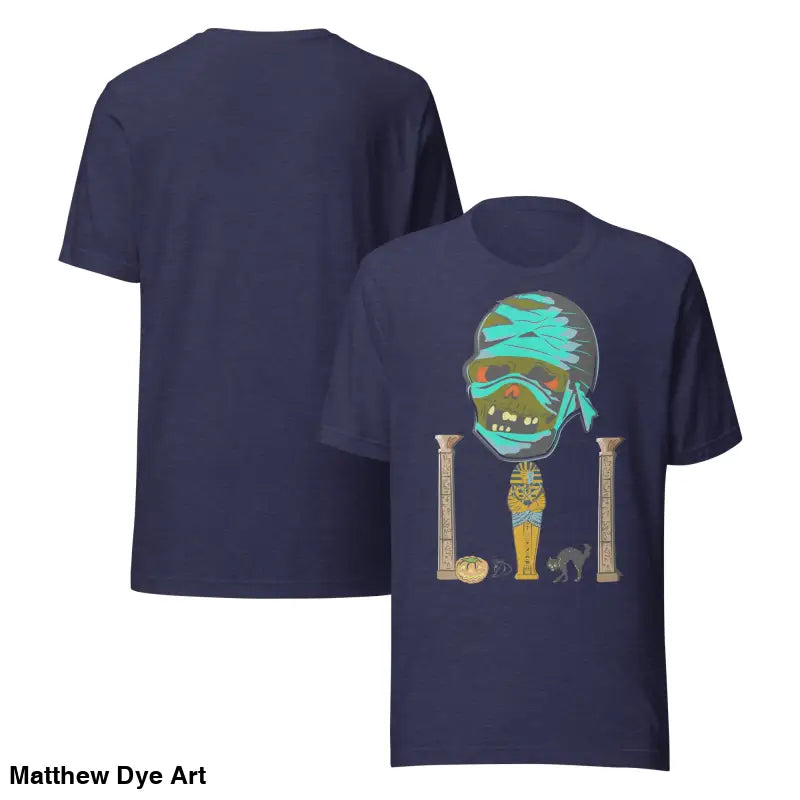 Navy blue Mummy Unisex T-Shirt featuring Matthew Dye art in a cute Halloween collection