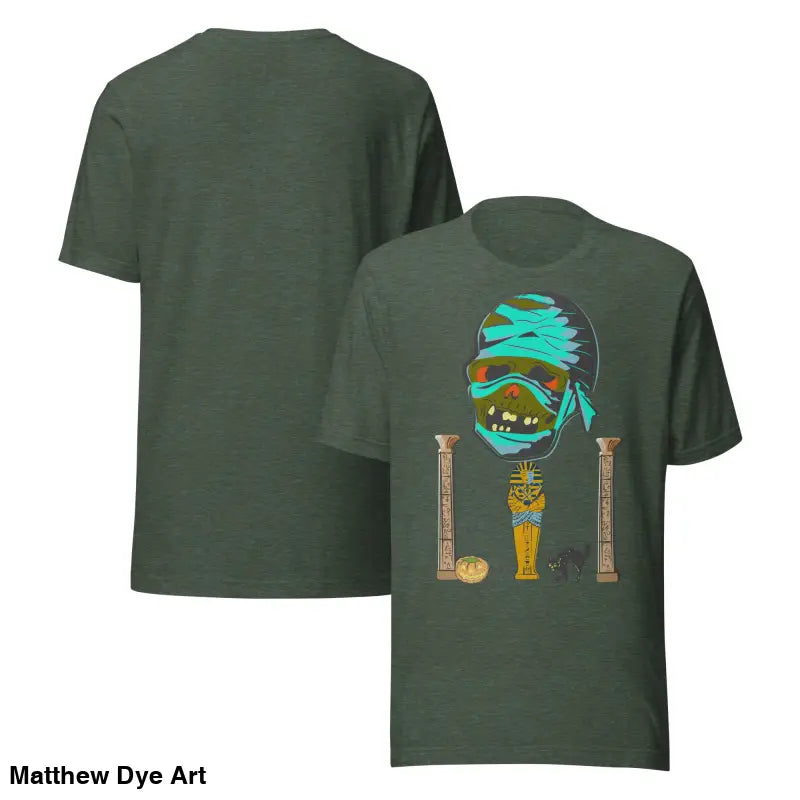 Olive green Mummy Unisex T-Shirt featuring Matthew Dye art from Cute Halloween Collection
