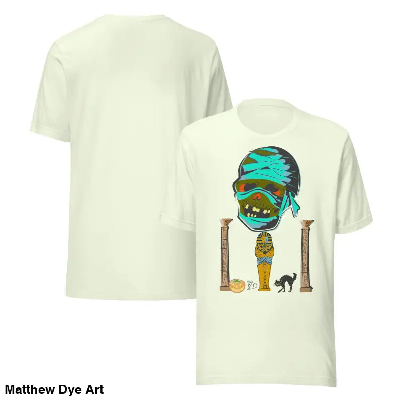 Light yellow Mummy Unisex T-Shirts from Matthew Dye Art’s cute Halloween collection