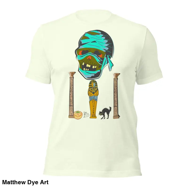 White t-shirt with Matthew Dye Art cartoon zombie, part of a cute Halloween collection